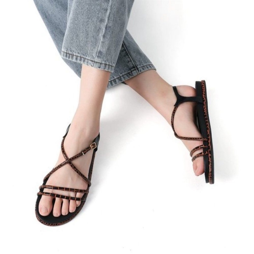 DREAMPAIRS black orange strapy round toe dressy flat sandals size-various